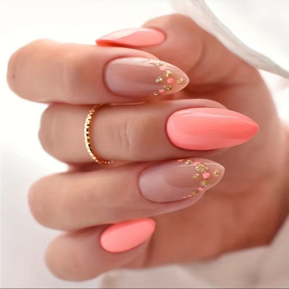 Acrylic Medium Almond Tip Peach Gold Sparkles Manicure Nails Professional - Picture 1 of 6